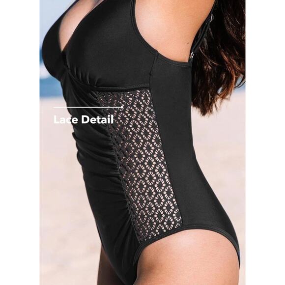 CUPSHE Ruched Lace Plunge V-Neck Black One Piece Swimsuit NWT SIZE XS - Picture 4 of 7